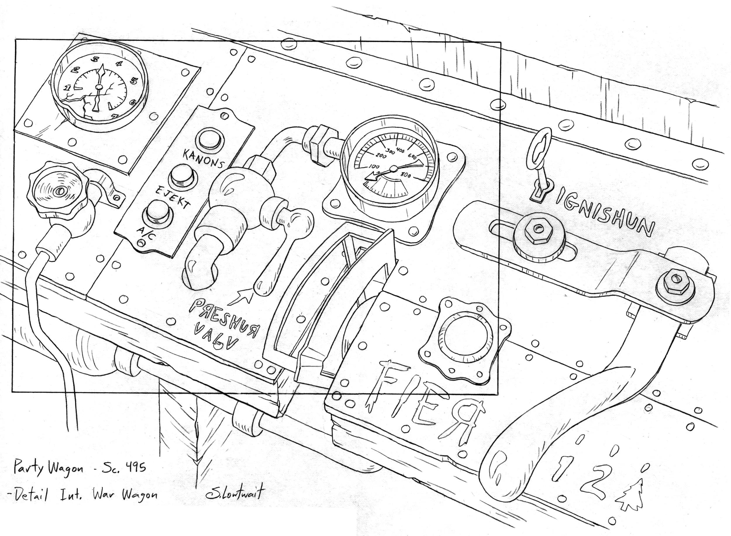 The steampunk-like old west dashboard of the "War Wagon".