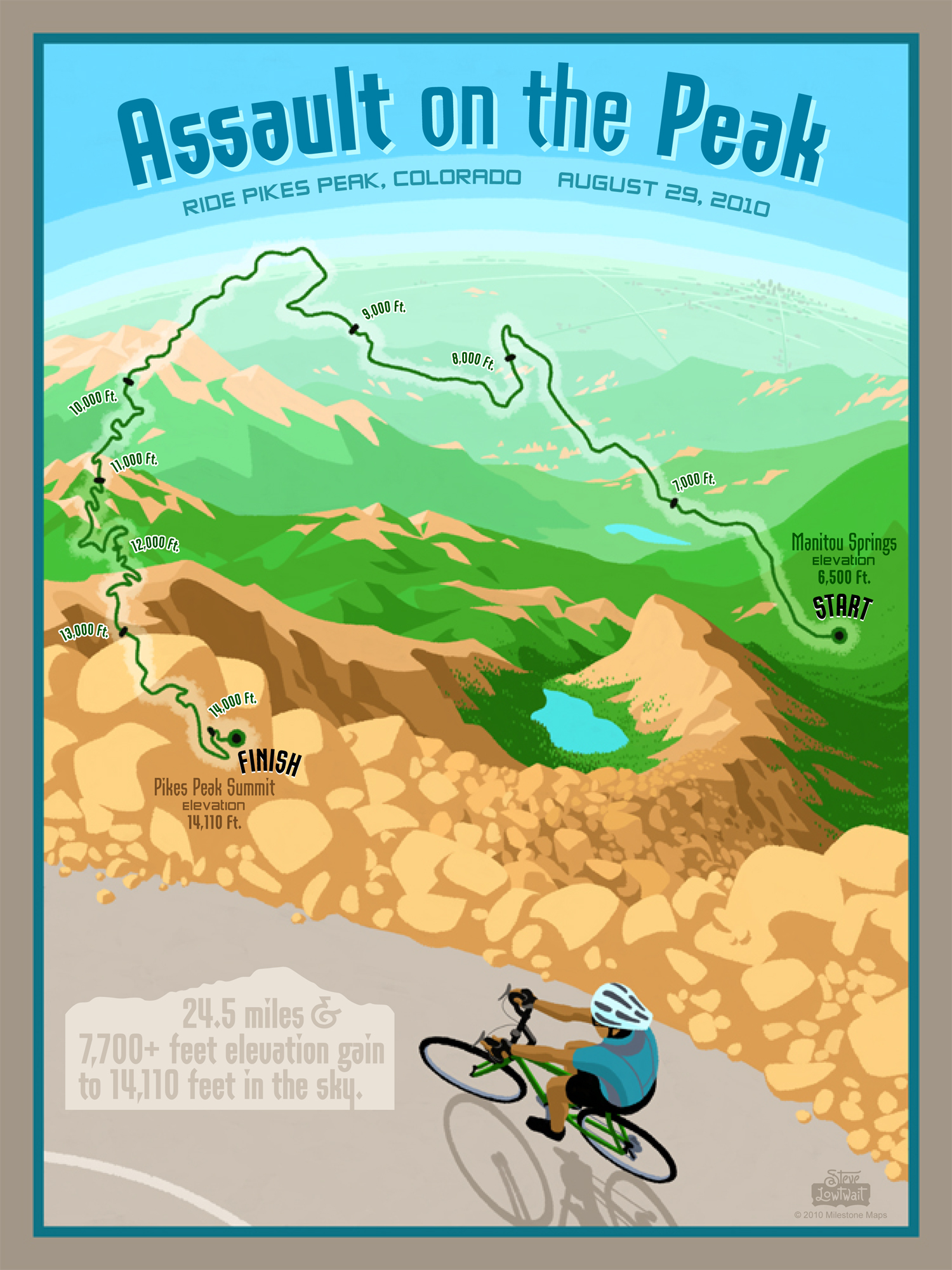 Assault on the Peak • This poster captures the steep climb of riding up to 14k feet elevation. Client: Milestone Maps