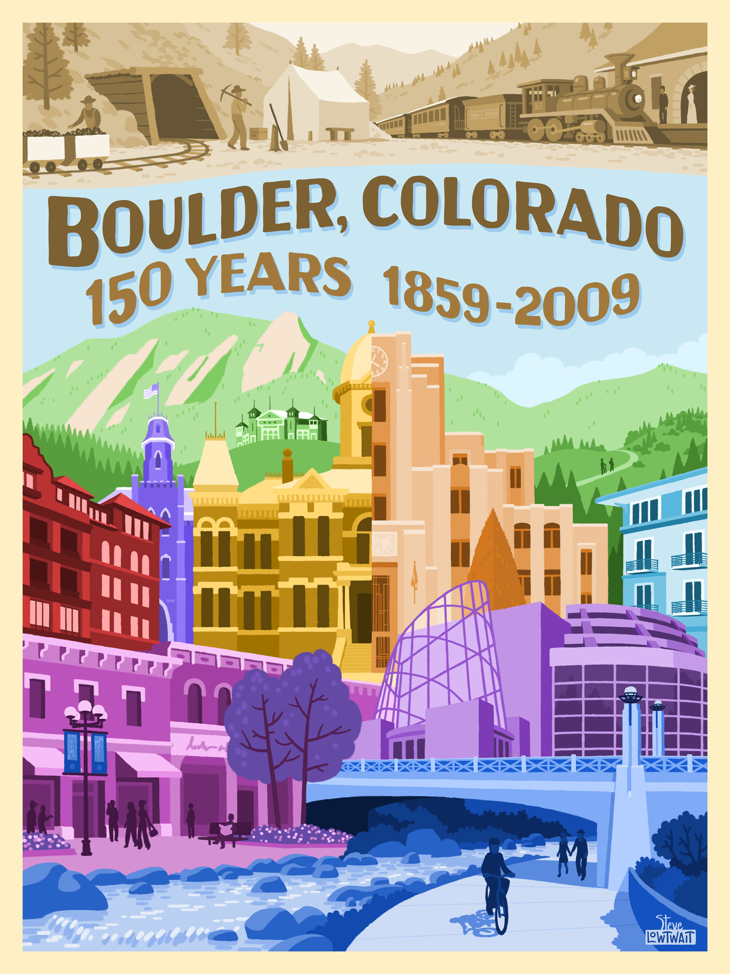Boulder 150 Years • A poster that captures the landmark structures of Boulder's history, from mining to modern. Client: Boulder Sesquicentennial