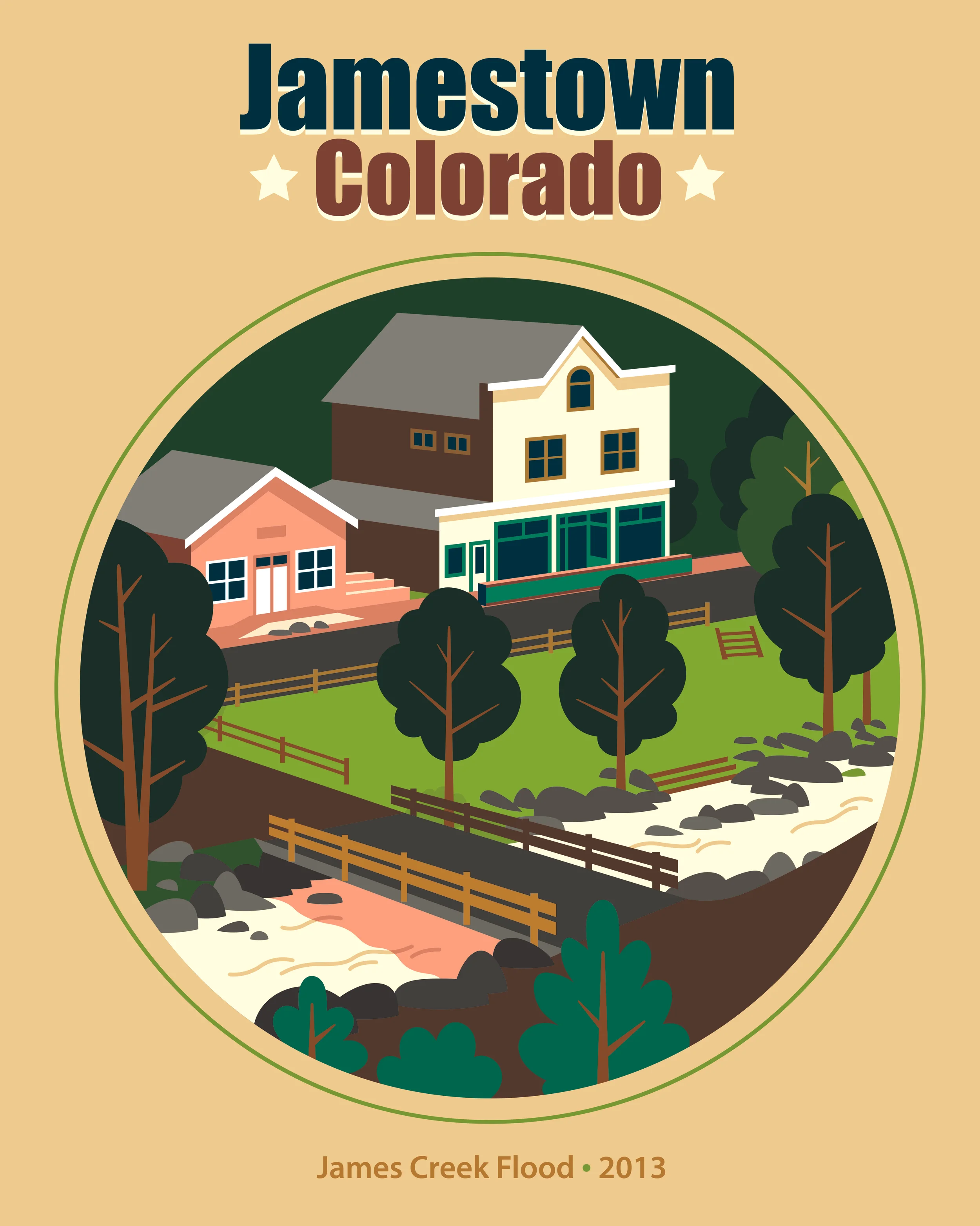 I lived in Jamestown, Colorado when our tiny mountain town was ravaged by floodwaters in 2013. My family had to be rescued by helicopter after several days with no power or water, and no way out. Inspired by my harrowing experience, I created this piece to help give back to the town.