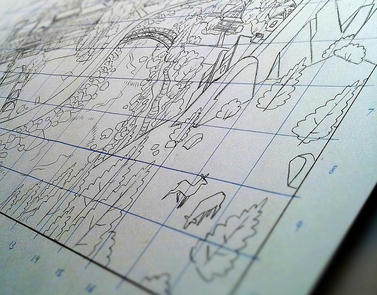 I redrew my original pencil drawing to scale on the wall using a grid system.