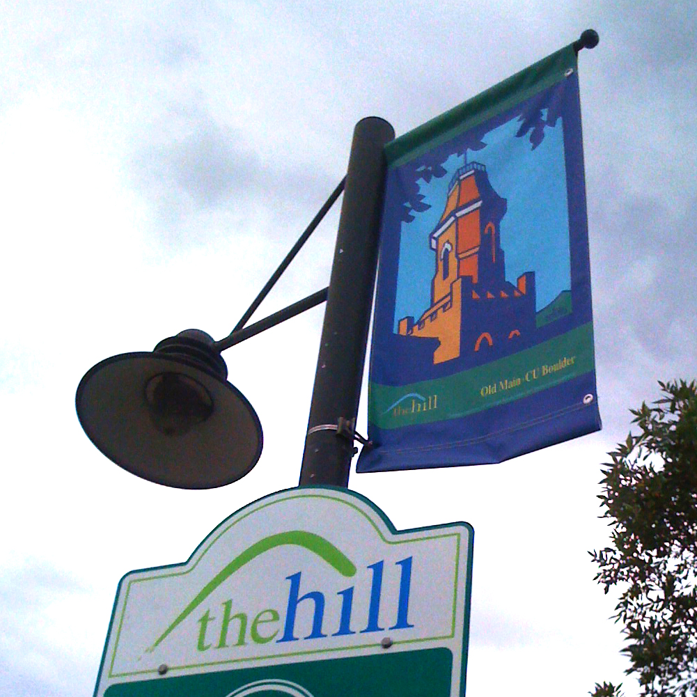 My University of Colorado illustration decorated lampposts in the campus area.