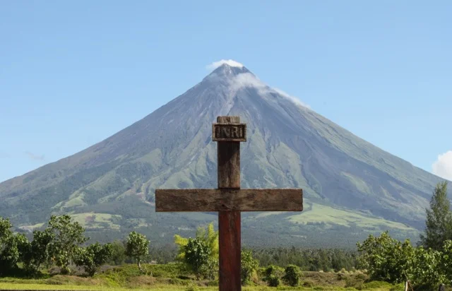 The day before Tueday's eruption - at the Cagsawa Ruins where Mayon's 1814 eruption had caused devastation.