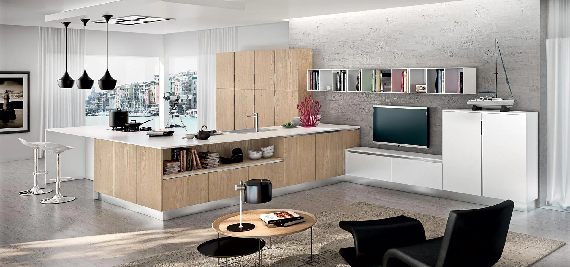 Natural oak veneer combined with lacquered doors.