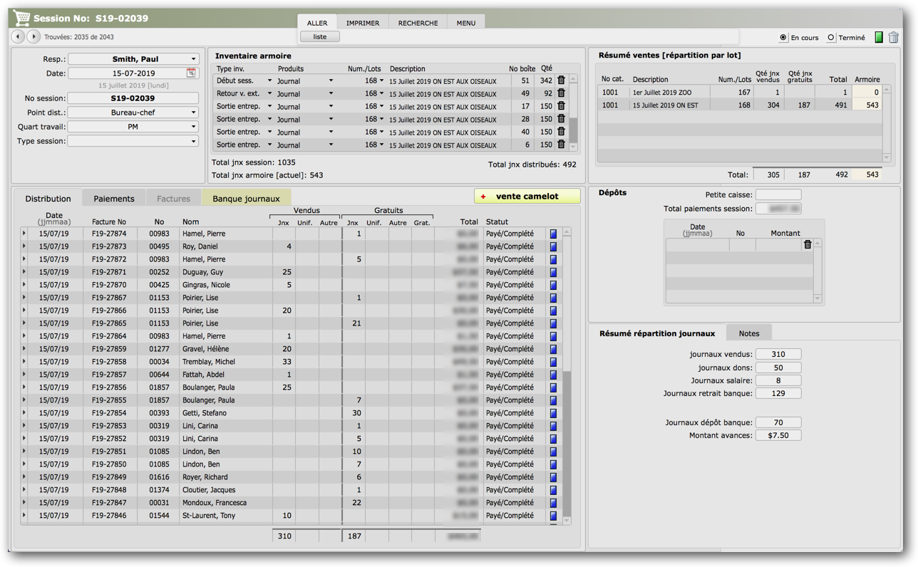 Interface de session de ventes