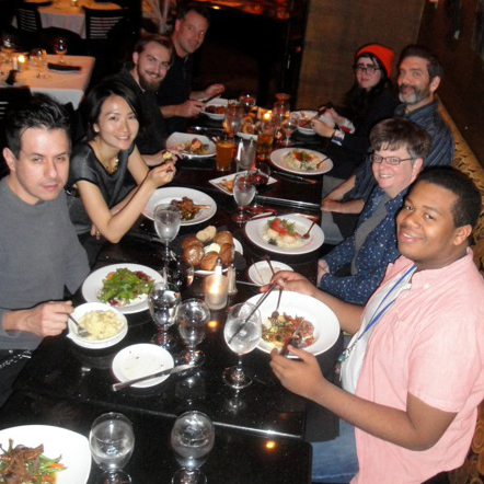Faculty & student dinner with Victo. Pictured clockwise, from left: Hector Casanova, Victo Ngai, Kristopher Martin, John Ferry, Kelsey Wroten, David Terrill, Maura Cluthe and Coleman Stampley. Photo by department chair Steve Mayse.