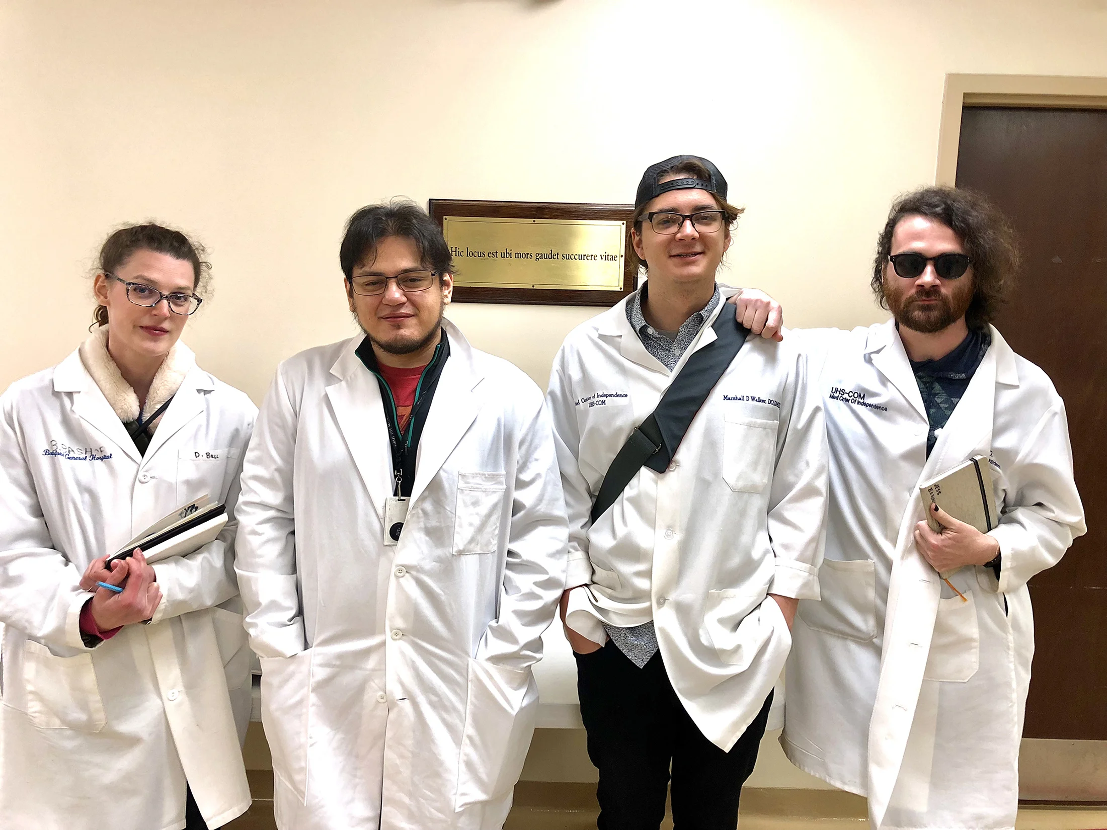 Everyone that enters the classroom lab is required to wear a lab coat. KCAI Illustration seniors Kaitlyn Jordan, Jose Leal, Miles Klos and Jesse Bonniwell are ready to draw!