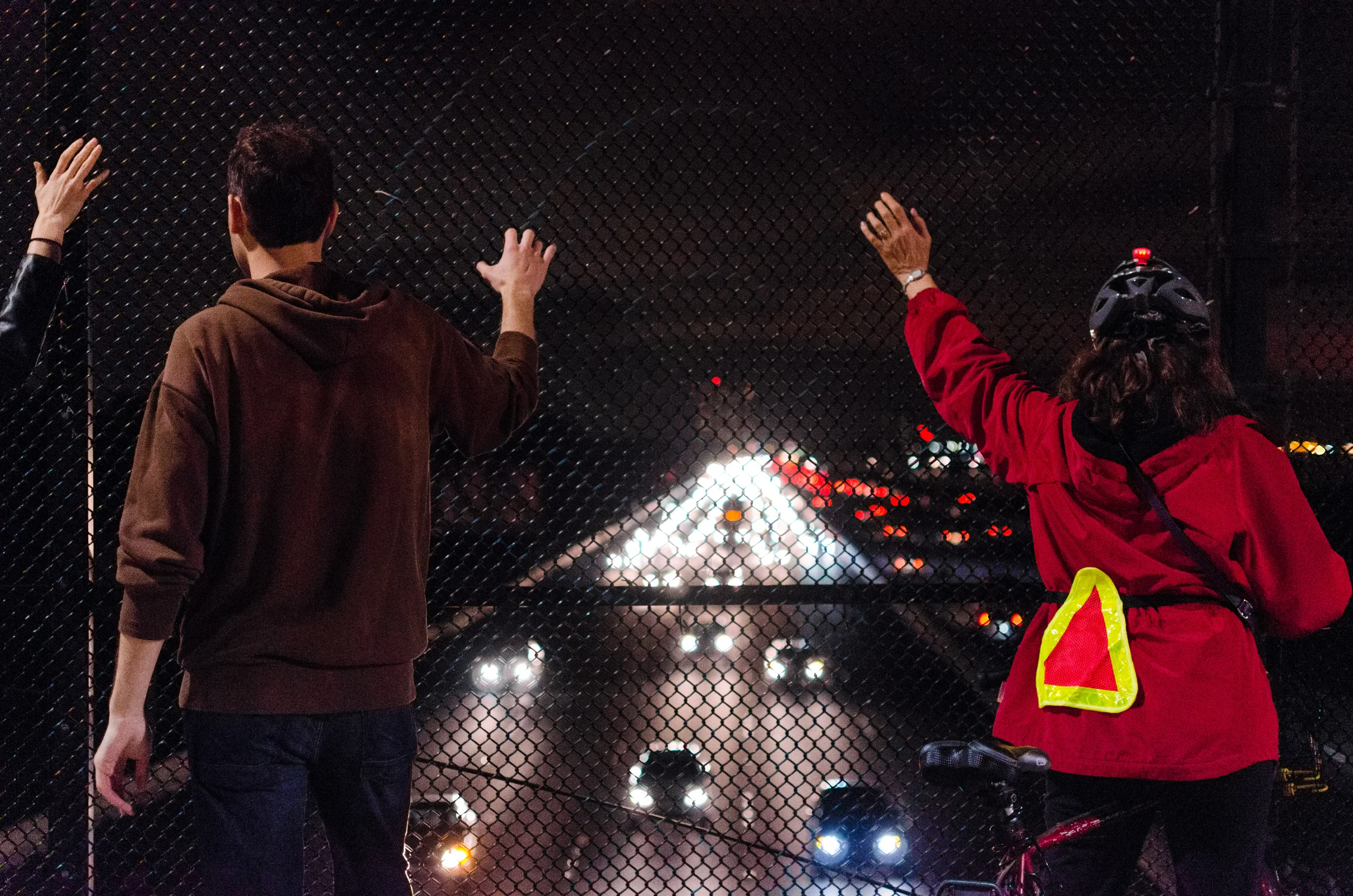 Protesters on pedestrian bridge over I-80 in Berkeley, CA observing the slowed traffic on the night of December 8th, 2014 - photo by Kyle Cameron