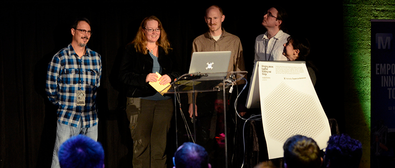 Peter Doktor, Elecia White, Ben Krasnow, Windell Osklay, and Sophi Kravtiz get ready to announce the Hackaday Prize 2015 winner