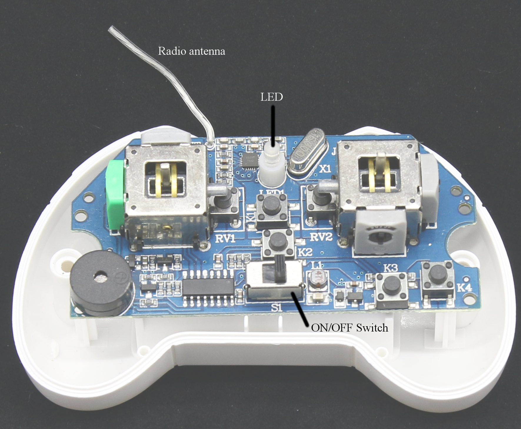 Figure 2-2: Inside the quadcopter, looking down at the top of the controller board.