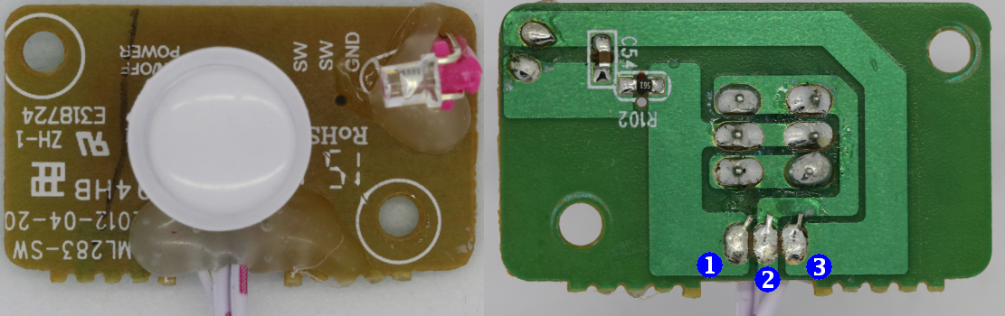 Figure 3-2: Karaoke power button board: top (left) and bottom (right)