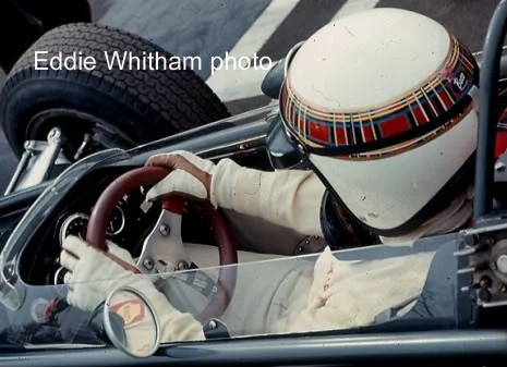 Jackie Stewart in the cockpit of his BRM race car. Photo by Eddie Whitham. Now, zoom in and look at the steering wheel. There is a wrench taped to the spokes of the wheel. Jackie Stewart was once stuck in his wrecked car for over 25 minutes, with fuel pouring in, trapped by the steering wheel. He vowed to never let that happen again and gave himself a wrench to remove the wheel. He went on to advocate for increased driver safety including safety belts, proper helmets, crash barriers, and medical facilities and fire crews at the tracks. In a time where the Grand Prix teams were losing one driver per month, Jackie spoke up and took a lot of heat from the car and track owners, he was tired of going to the funerals of his friends.