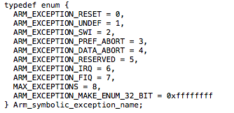 The RTEMS ARM BSP exception table as an enum with size forcing entry.