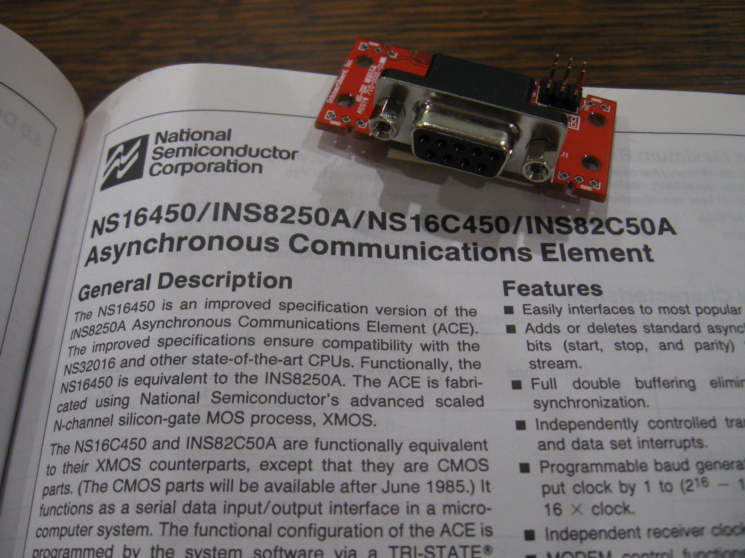 Data sheet for the National Semiconductor NS16450 UART. This extraordinarily popular UART was used in the IBM PC-AT. Also, a TTL to RS-232 converter board from Schmartboard.com.