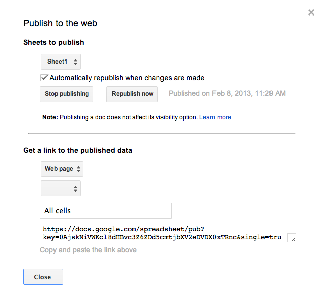 Google Spreadsheets publish options page element.