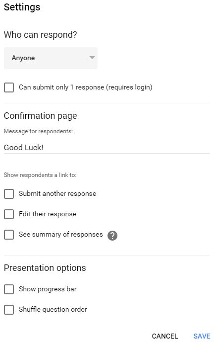 Google Forms settings