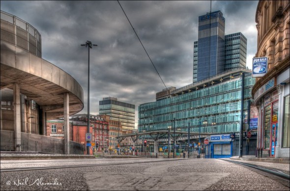 L ooking down High Street Manchester towards Shudehill bus and Metrolink station with the CIS Tower in the background (Click for larger)