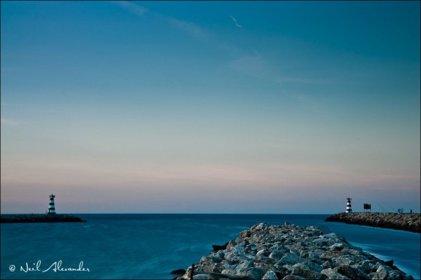 E ntrance to the harbour at Vilamoura Portugal with lighthouses either side (Click for larger)