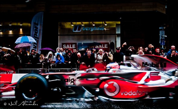 J enson Button's Vodafone McLaren Mercedes in Manchester (Click for larger)