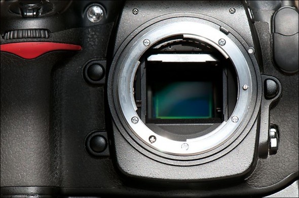 Inside of a Nikon D300 showing the exposed sensor