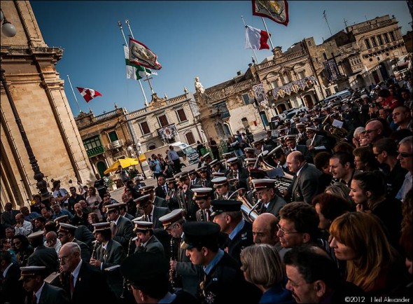 The Beland Band and crowds outside St. Catherine's Parish Church, Zejtun, Malta