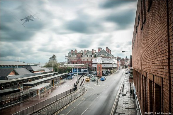 Star Wars X-Wing Starfighter over Altrincham bus station by Neil Alexander
