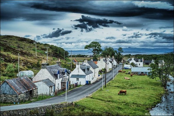 The little hamlet of Duirnish, where Highland cattle freely wander the streets