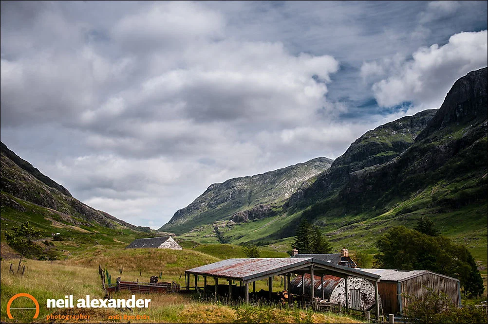 Farm buildings, Achtriochtan, Pass of Glencoe looking up to the Three Sisters
