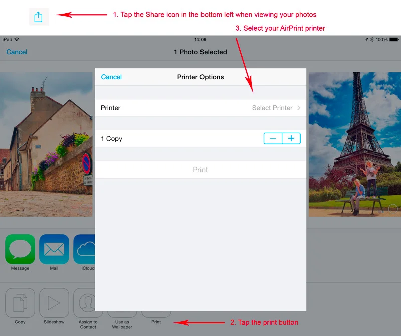 Using AirPrint to print a photograph on an iPhone or iPad