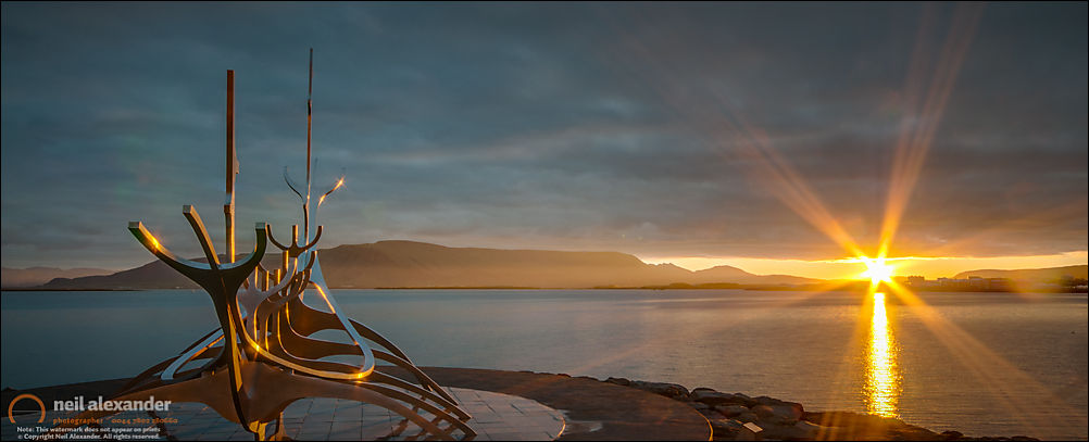 The Sun Voyager scultpure at sunrise in Rekyavik