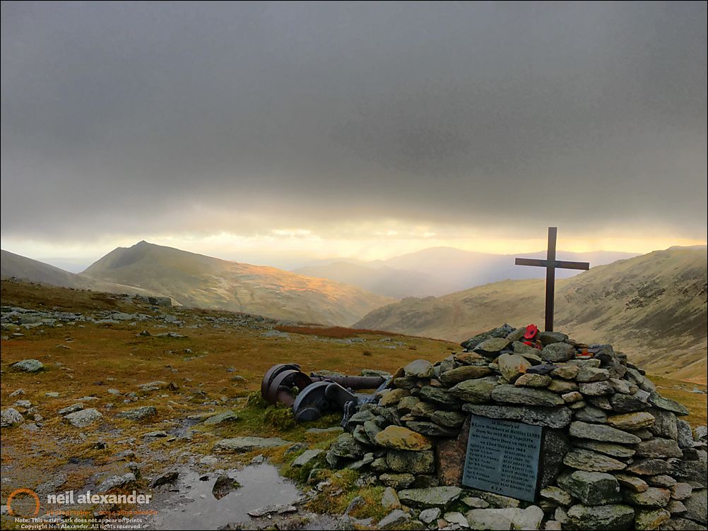 Great Carrs Air Crash Memorial Halifax LL505 came to grief on Great Carrs in the Lake District on the night of 22nd October 1944 whilst on a night navigation exercise from Topcliffe in Yorkshire. Its crew; seven Canadians and one Scot, encountered very thick cloud whilst over the north-west of England, they circled the aircraft hoping the cloud would clear but this made them even more lost. The pilot then descended so the navigator could get a visual fix on the ground but by this stage it was flying too low in the heart of the Lakes. In a few seconds the aircraft hit the top of Great Carrs and crashed killing all on board. The wreckage partly caught fire but was almost intact when found by rescuers. As the RAF crash team could not remove it from the site because of its size and location it was broken into movable sized pieces and, because if left where it was then other aircraft flying overhead would report it, it was pushed off the side of the mountain into Broad Slack, where much of it remains today.
