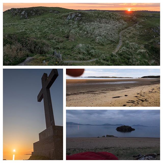 Top clockwise - just after dawn (5am), where I slept under the stars, my view at 3:58am this morning thanks to the squadron of seagulls on that little piece of rock, and one of last night's subjects - the cross of St Dwynwen, patron saint of lovers ❤