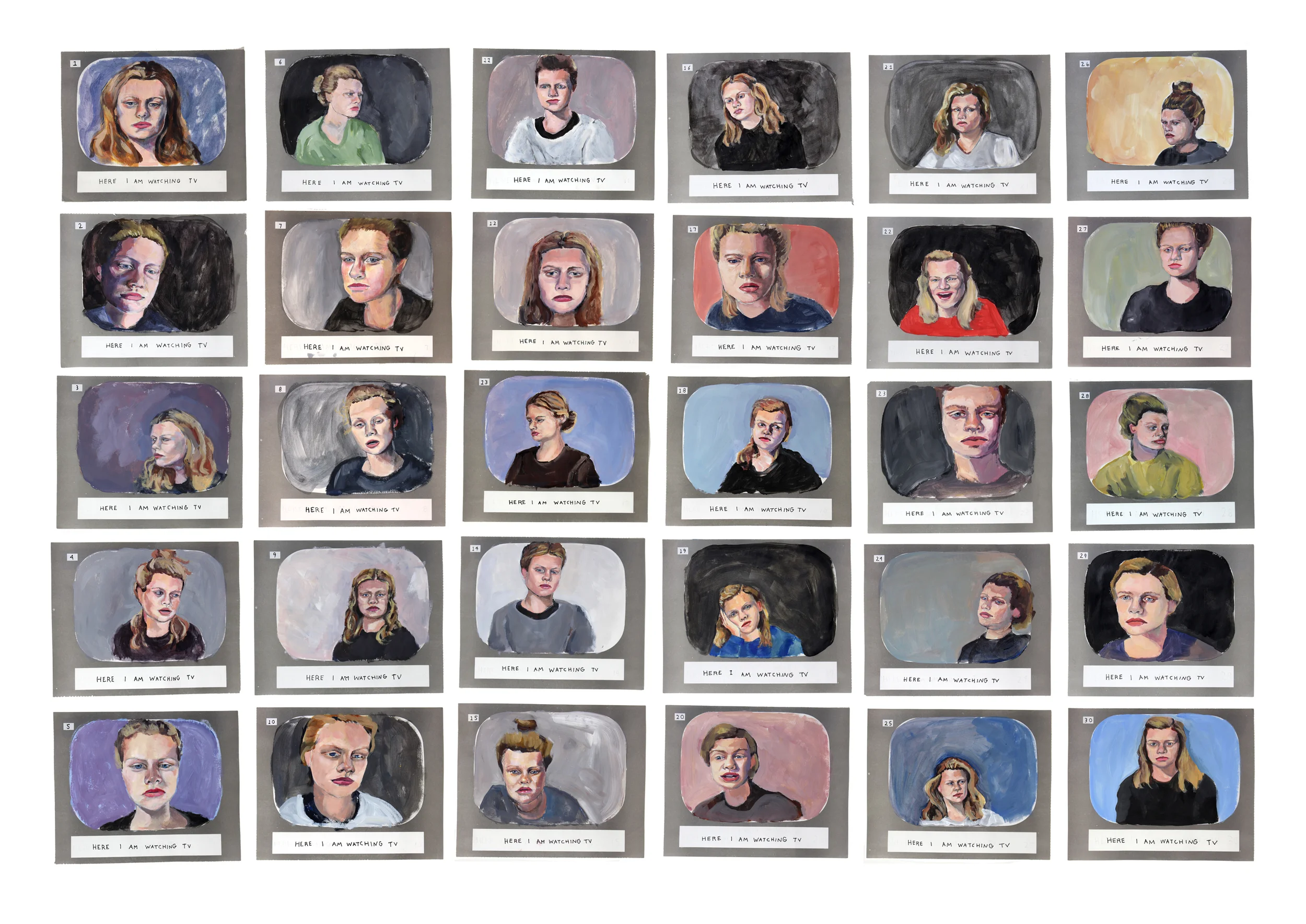   here I am watching TV   2015  acrylic on archival storyboard paper  4.5' x 3.5' 