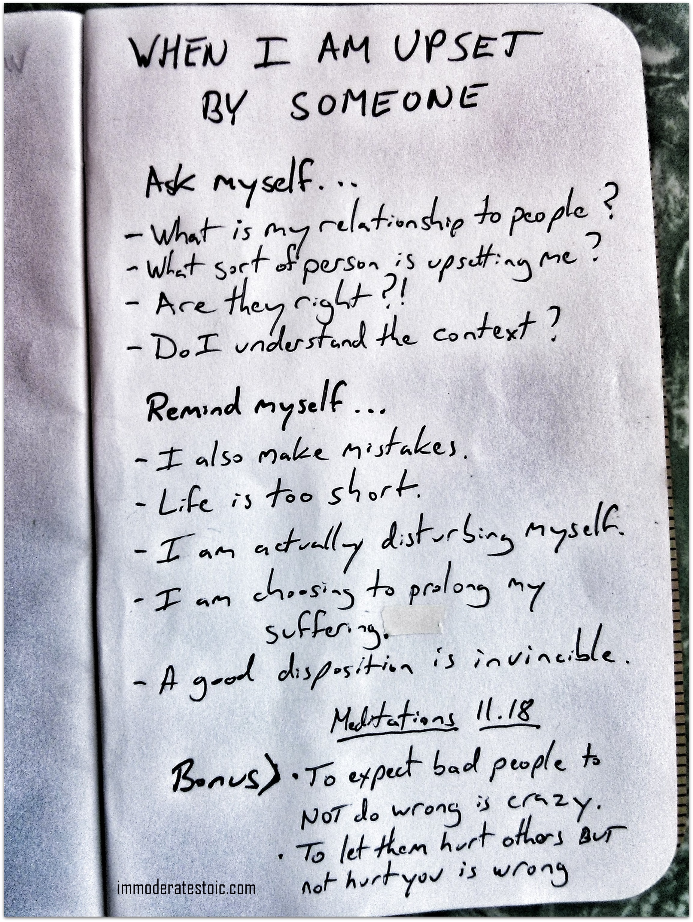 A page from Matt Van Natta's notebook. Points derived from Marcus Aurelius' Meditations, 11.18.