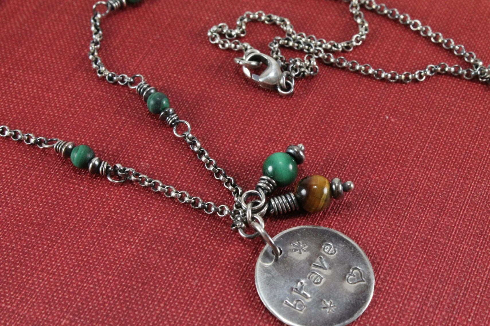 BRAVE Stamped Necklace in Sterling, Tiger's Eye & Malachite