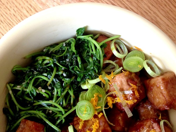a secret tester recipe, plus some wilted sesame peashoots, which are good with everything