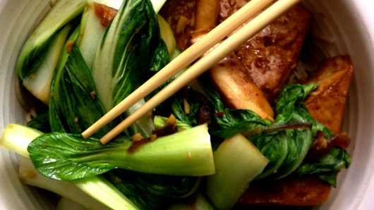 baked fox-ear tofu and ginger bok choy over soba noodles