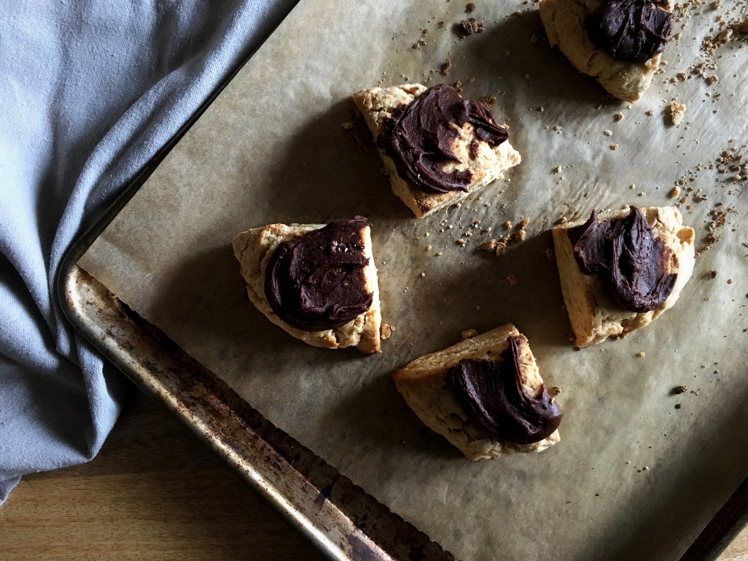 Peanut butter scones with peanut butter chocolate topping