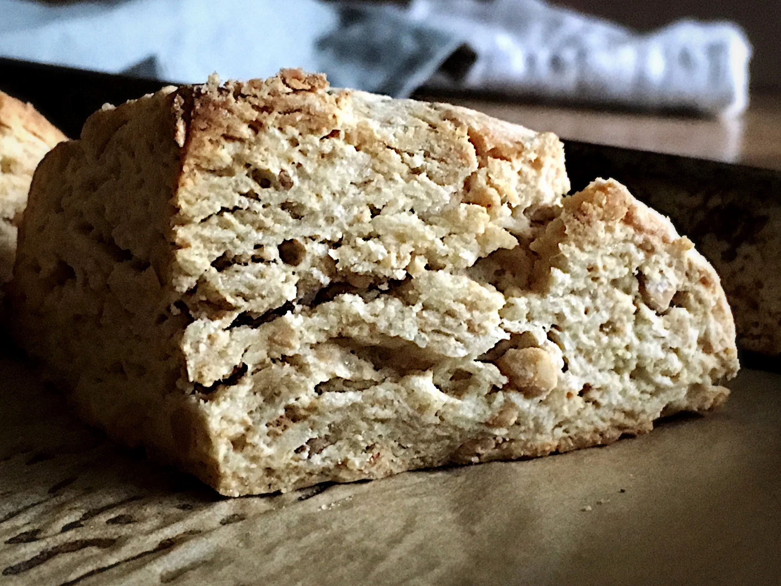 Side view of peanut butter scone, delicate layers