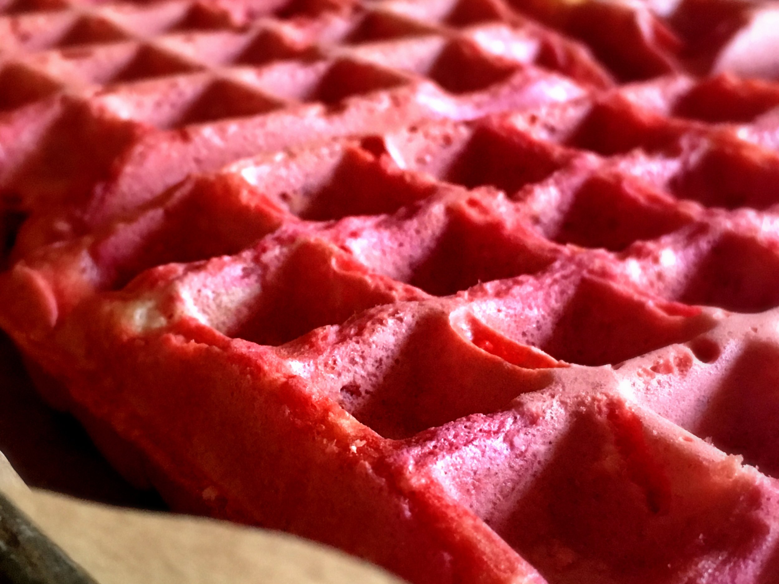 Close up of calico citrus beet ginger waffles