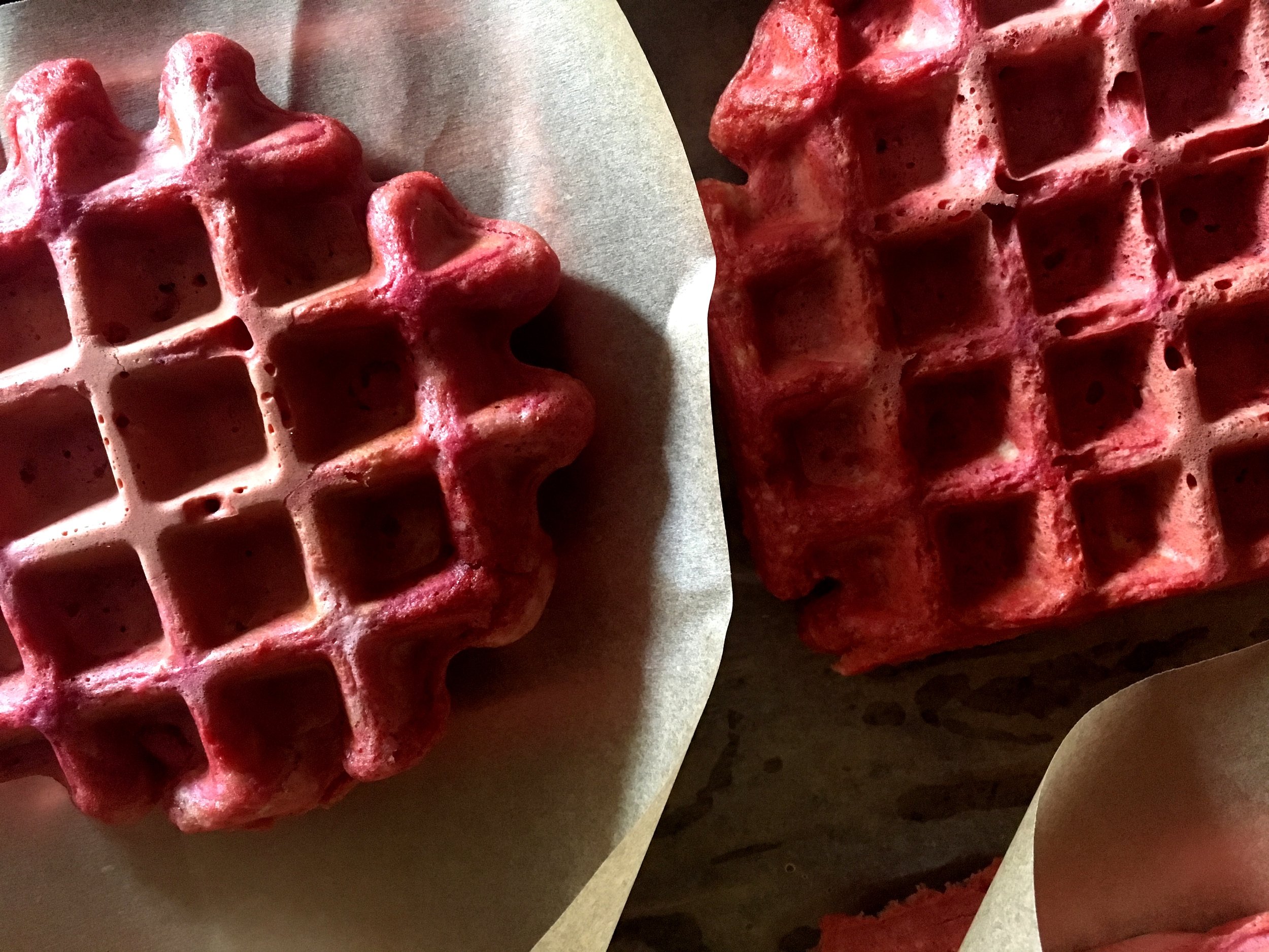 Calico citrus ginger beet waffles ready for freezing