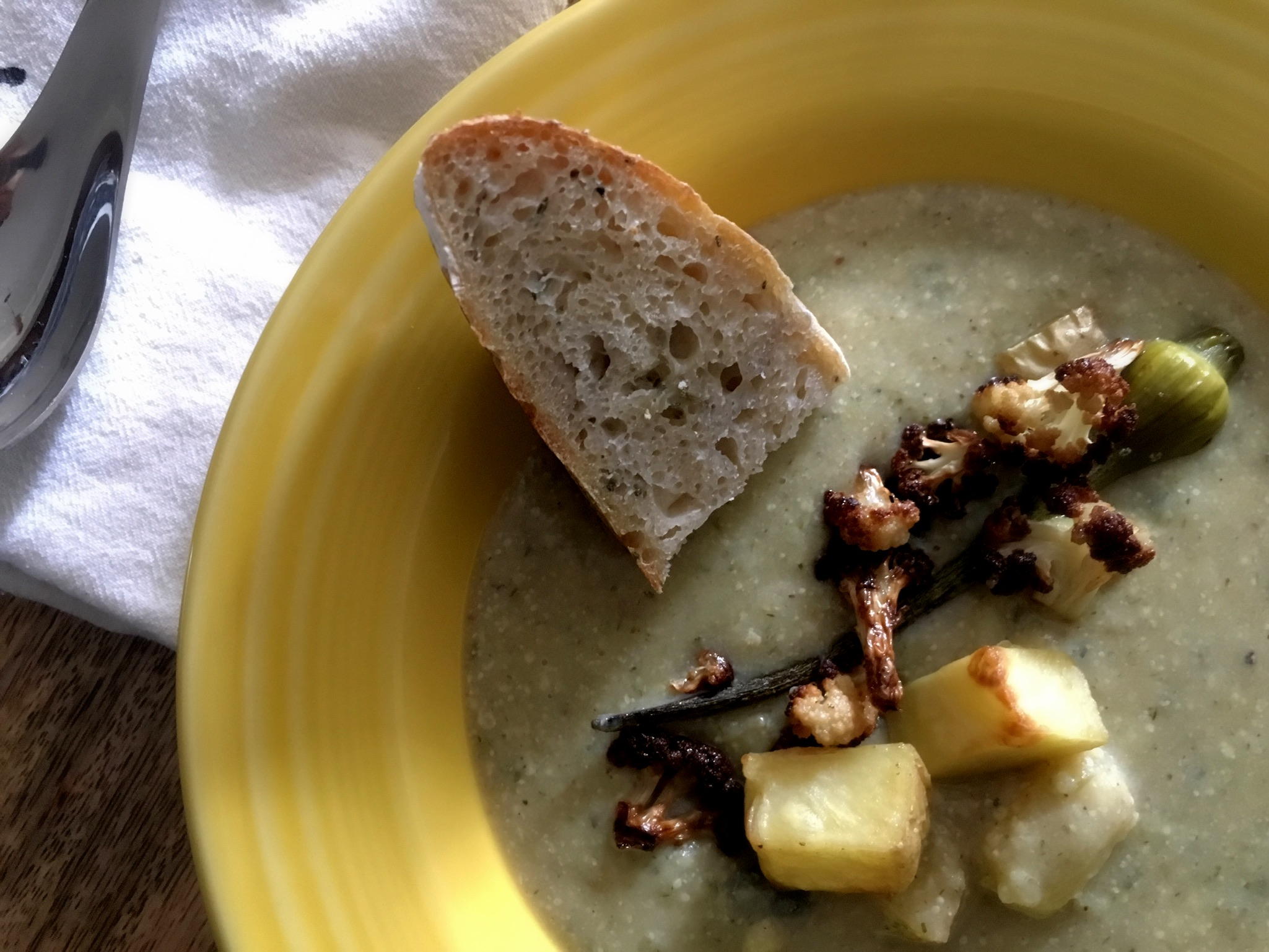 Roasted garlic scape, potato, cauliflower soup — madeleine.teacup