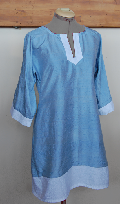 Made this caftan in thrift shop finds - a sky blue silk and a white seersucker fabric.