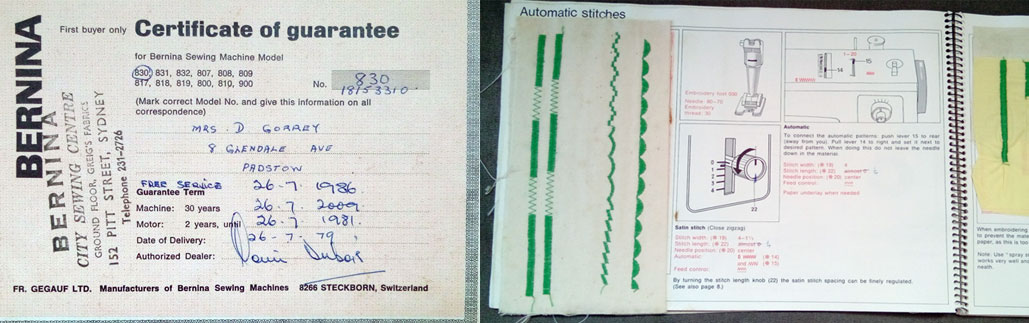 Amazing 30 year warranty - to last a lifetime and even hand down to your children. Machine instruction manual complete with stitch samples.