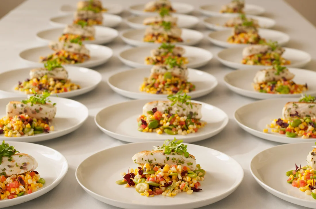 Dinner of Halibut and Corn Concasse and good water farms Micro Mâche