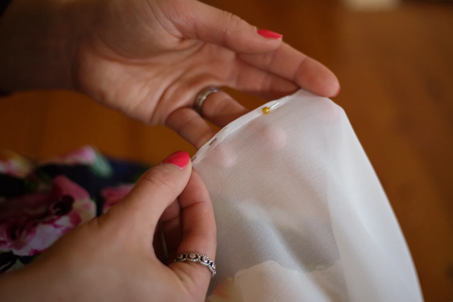 Hemming the neckline: start off by pinning the hem