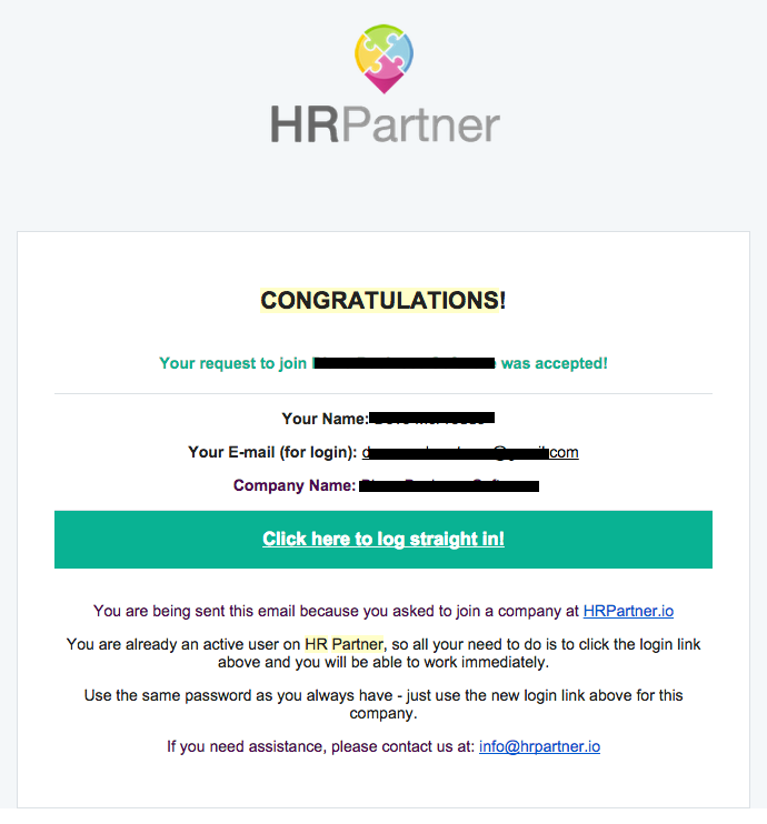 User already has an account with HR Partner and was approved to join a company.