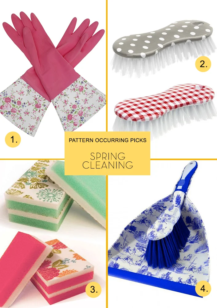 1. Floral Cleaning Gloves Lark 2. Retro Kitchen Scrub Brushes Peter's of Kensington 3. Patterned Sponges Waverly 4. Toile Dustpan & Brush S uds Domestic