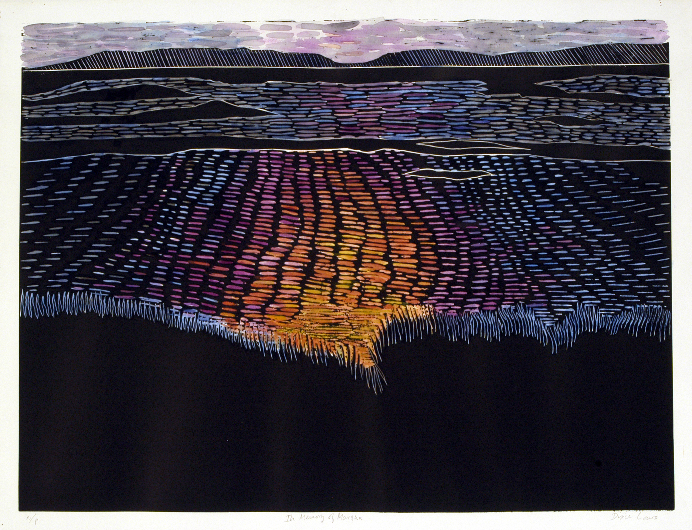  "In Memory of Marsha"  Hand colored linocut  24" x 18"  2004 