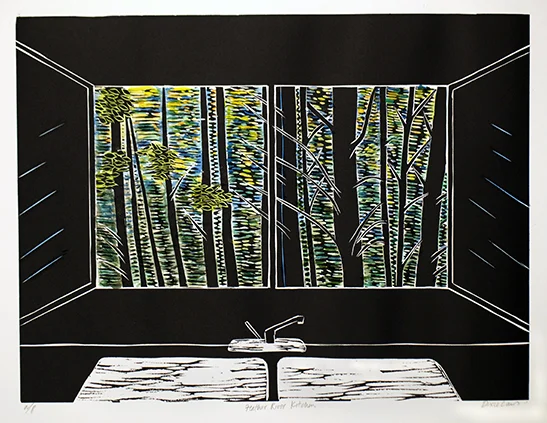 "Feather River Kitchen" Hand colored linocut print 12" x 16" 2010
